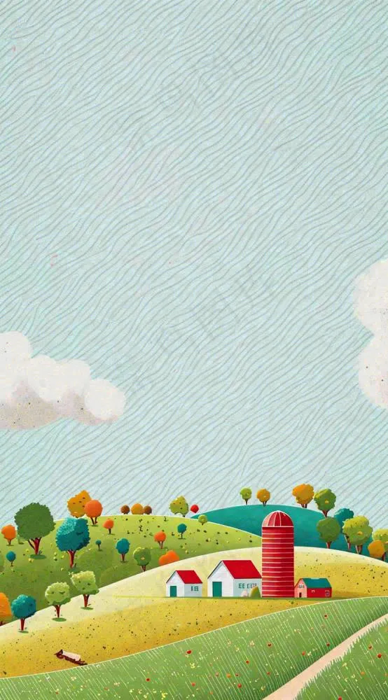 清新山脉草坪点线面扁平屋子树木手绘插画(816x1472)