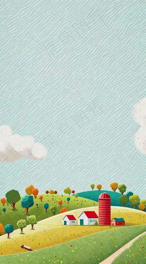 清新山脉草坪点线面扁平屋子树木手绘插画