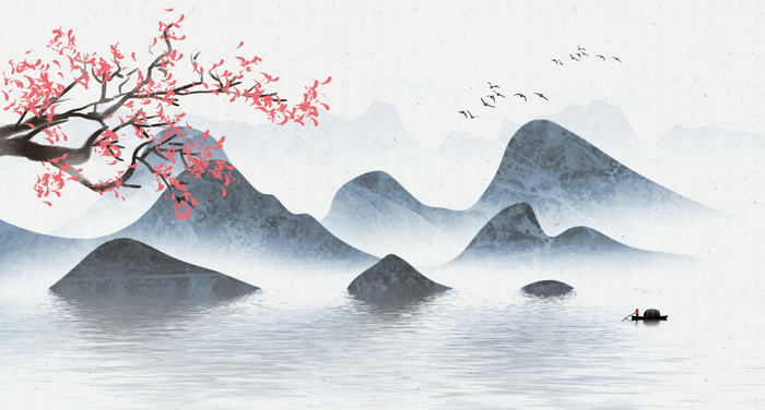 湖泊山川艺术风绘画PSD素材