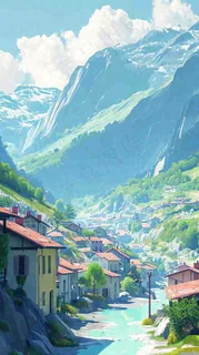 蓝天白云连绵山脉小溪河流小屋,阳光晴天 蓝天白云连绵山脉小溪河流小屋,阳光晴天