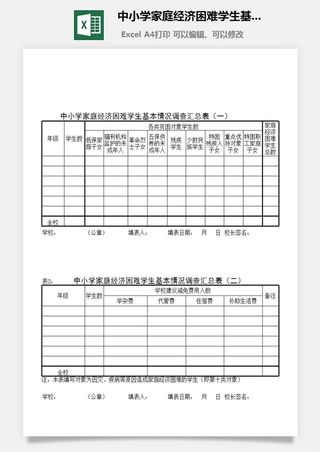 中小学家庭经济困难学生基本情况调查汇总表excel模板