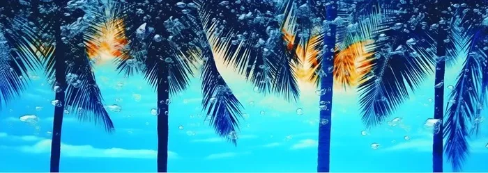夏日椰树水珠冰爽背景(7360x2624)