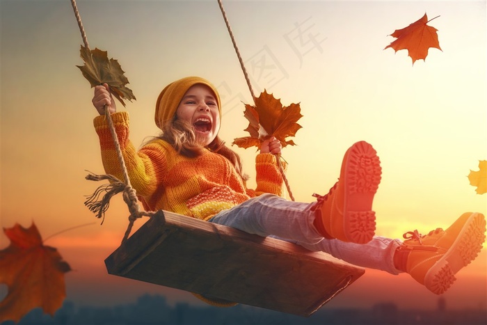 秋天玩荡秋千的小女孩摄影高清图片