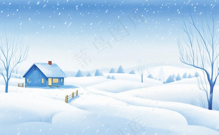冬天乡村雪地里的房子雪景白雪卡通插画背景(1392x864)