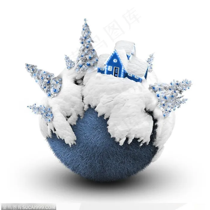 被雪覆盖的蓝色地球上圣诞树与小屋