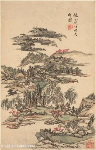 清代王原祁山水图册江村花柳图国画图片