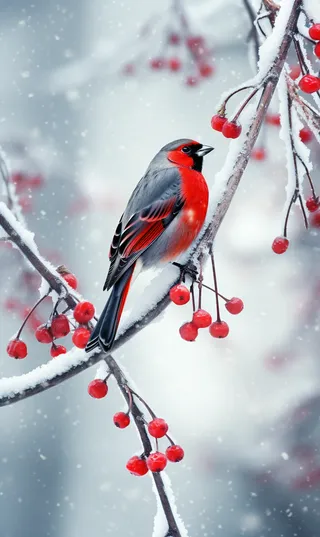 冬日下雪天小鸟站在红色果子枝条上摄影图