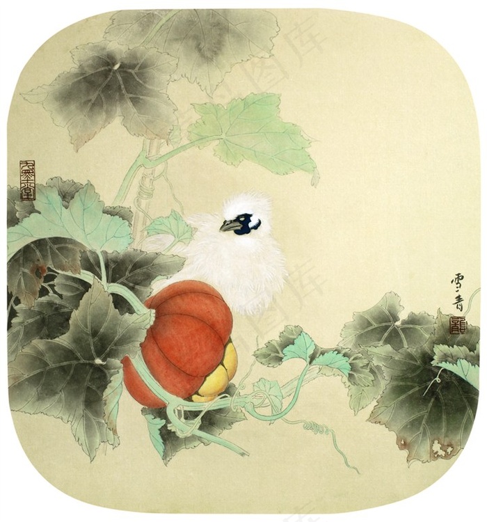 写意瓜果小鸟艺术画