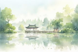 杭州西湖风景水彩凉亭流水树木远景插画