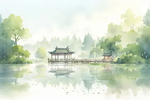 杭州西湖风景水彩凉亭流水树木远景插画 杭州西湖风景水彩凉亭流水树木远景插画