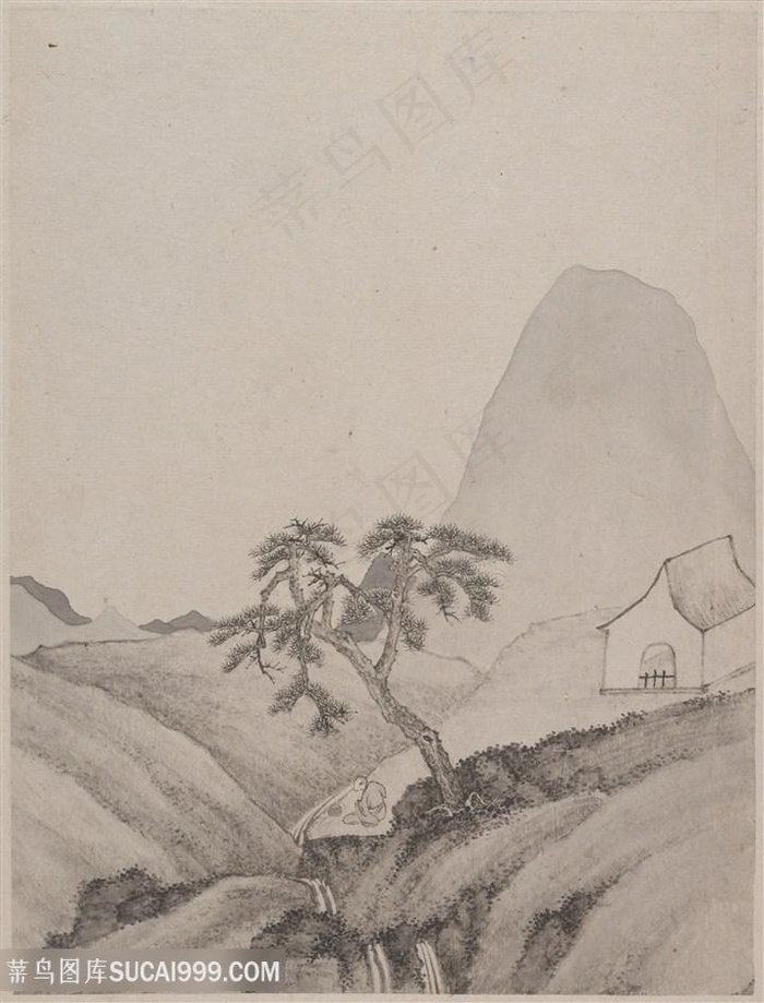 清代画家萧云从山水册页松下闲坐国画图片