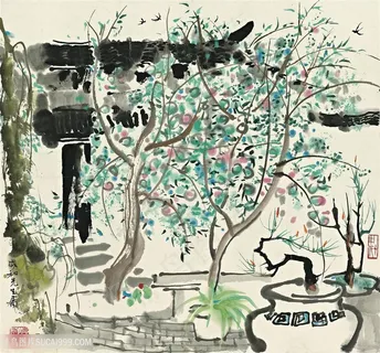吴冠中水墨大树庭院美景装饰画 吴冠中水墨大树庭院美景装饰画