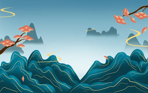 中国风国潮风山水祥云插画图案首页装修海报背景PSD设计模板素材