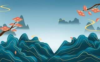 中国风国潮风山水祥云插画图案首页装修海报背景PSD设计模板素材