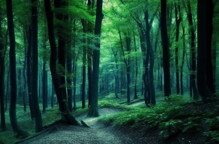 有绿树的森林深绿色幽暗的风格摄影图