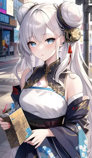 双丸子头美女插画手机壁纸