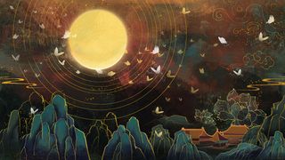 国潮中国风复古敦煌岩彩山水祥云插画烫金肌理背景PSD设计素材