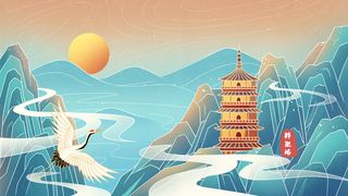 中国风国潮古建筑地标城市古风建筑阁楼印象地标手绘插画PSD素材