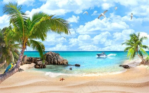 海边蓝天白云沙滩风景图片