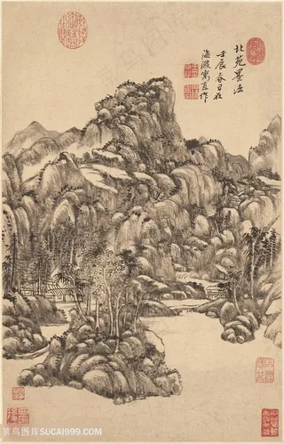 清代王原祁山水图册巨峰春林国画图片