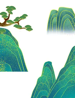 中国风国潮山水插画祥云中式手绘烫金线条元素png装饰背景PSD素材