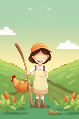 农庄小孩干农活母鸡工具卡通插画素材