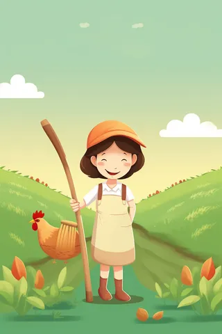 农庄小孩干农活母鸡工具卡通插画素材