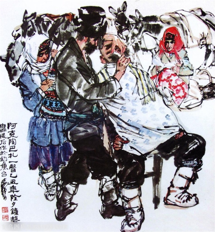 国画名家作品-黄胄的阿克陶巴扎一瞥