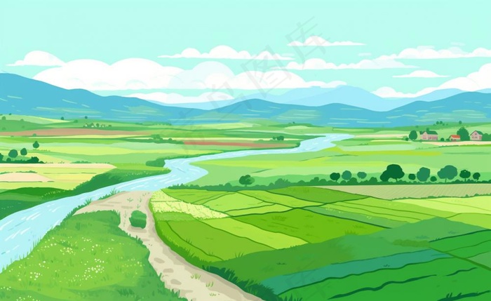 乡村村庄美丽风景河流插画农田插画背景(1408x864)