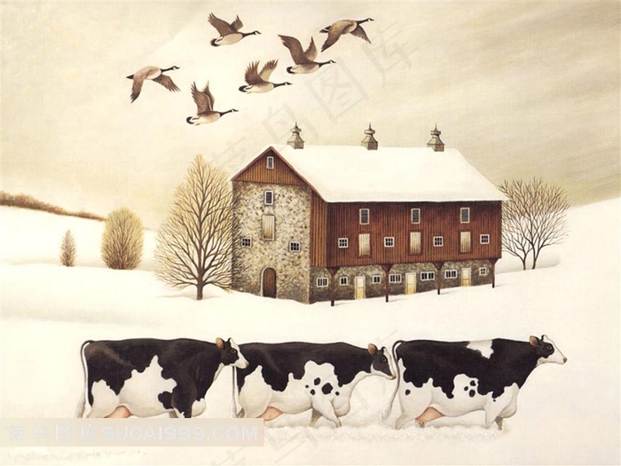 Lowell Herrero农场奶牛飞雁绘画作品