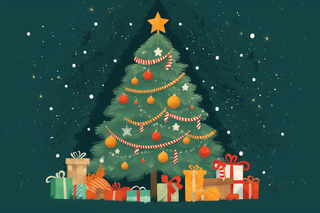 圣诞树装饰礼物节日卡通插画绿色背景