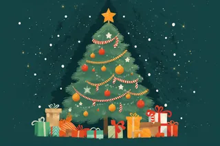 圣诞树装饰礼物节日卡通插画绿色背景