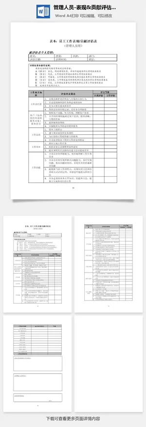 管理人员-表现&贡献评估表word模板预览图