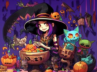 万圣节女巫鬼怪捣蛋南瓜灯恐怖紫色插画素材背景