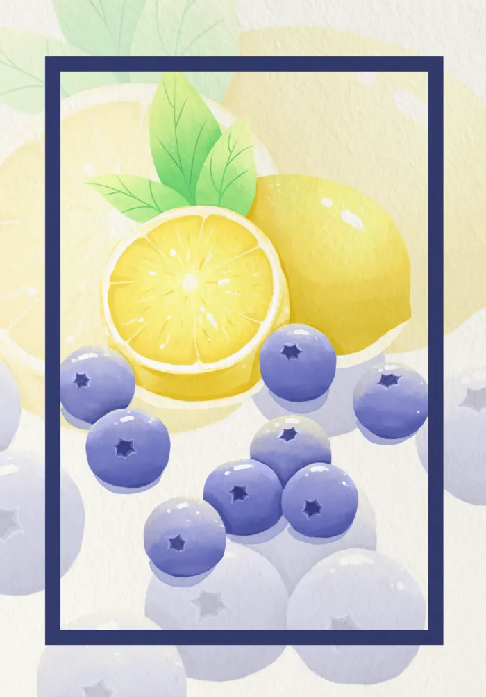 简约创意清新柠檬蓝莓水彩插画