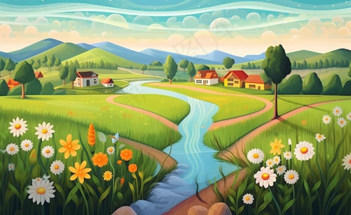乡村村庄美丽风景河流插画农田插画背景(1408x864)
