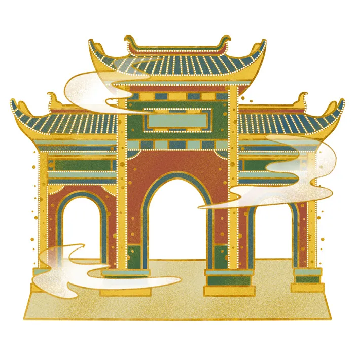 中国风复古式国潮门楼手绘城门插画牌楼建筑PSD素材png免扣图psd模版下载