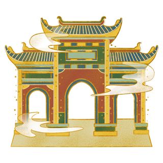 中国风复古式国潮门楼手绘城门插画牌楼建筑PSD素材png免扣图