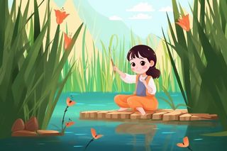 绿色清新草地人物插画