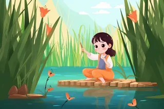 绿色清新草地人物插画