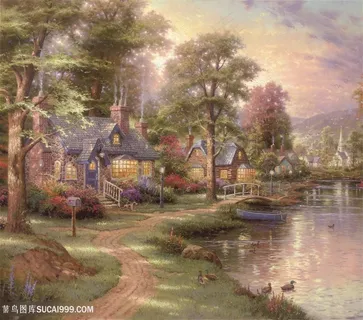 湖畔小路建筑油画风景画 湖畔小路建筑油画风景画