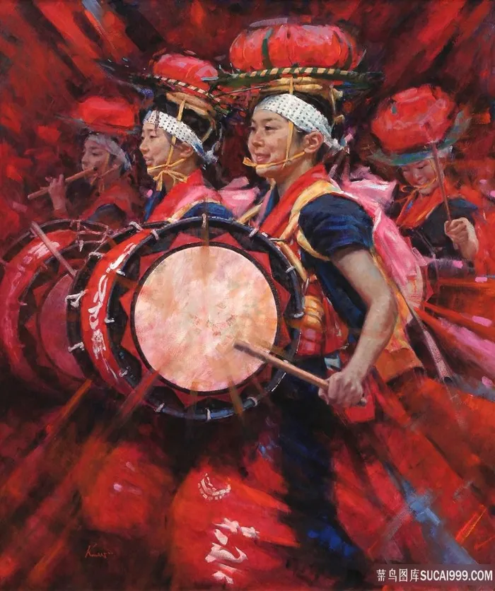 打鼓敲锣的人油画装饰画