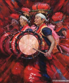 打鼓敲锣的人油画装饰画
