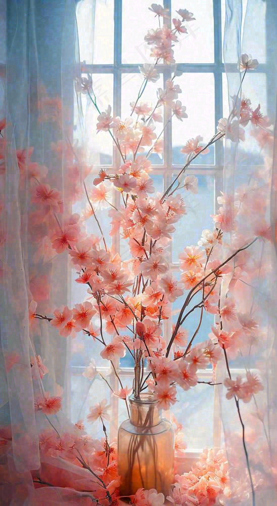 春天窗台花瓶粉色鲜花花束，春分(816x1488)