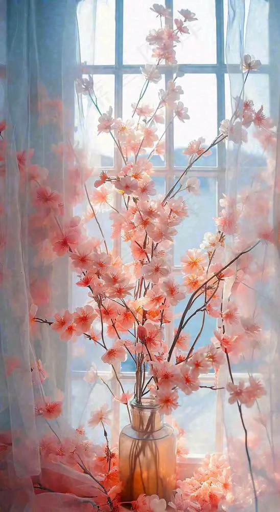 春天窗台花瓶粉色鲜花花束，春分(816x1488)