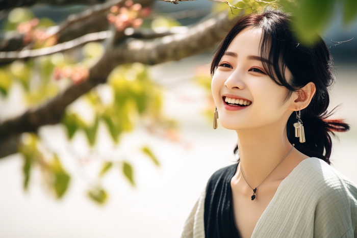 春天开满花的树下赏花的女生摄影图(4032x2688)