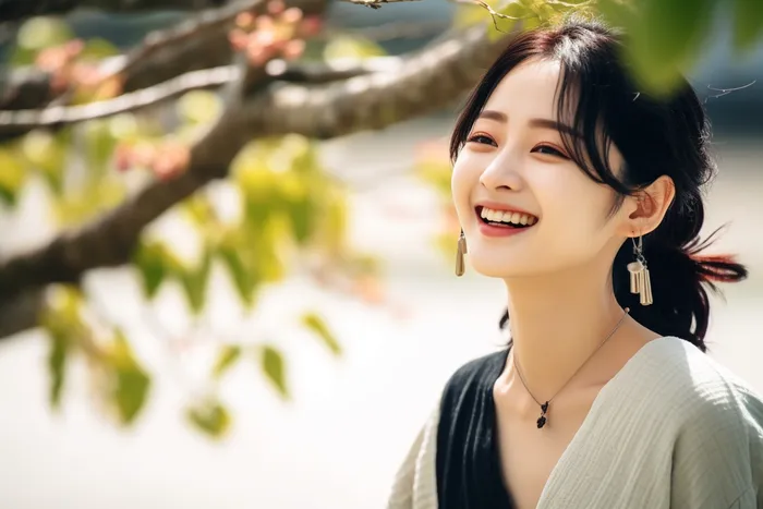 春天开满花的树下赏花的女生摄影图(4032x2688)