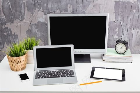 桌子上的绿色植物与电脑