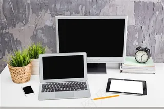 桌子上的绿色植物与电脑