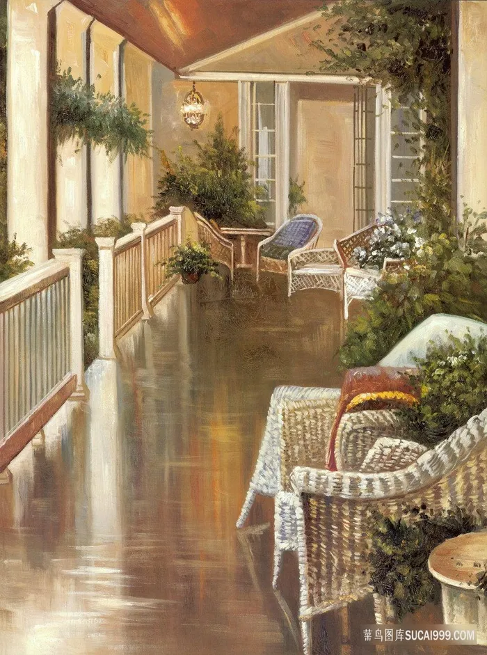 沙发室内植物油画风景画